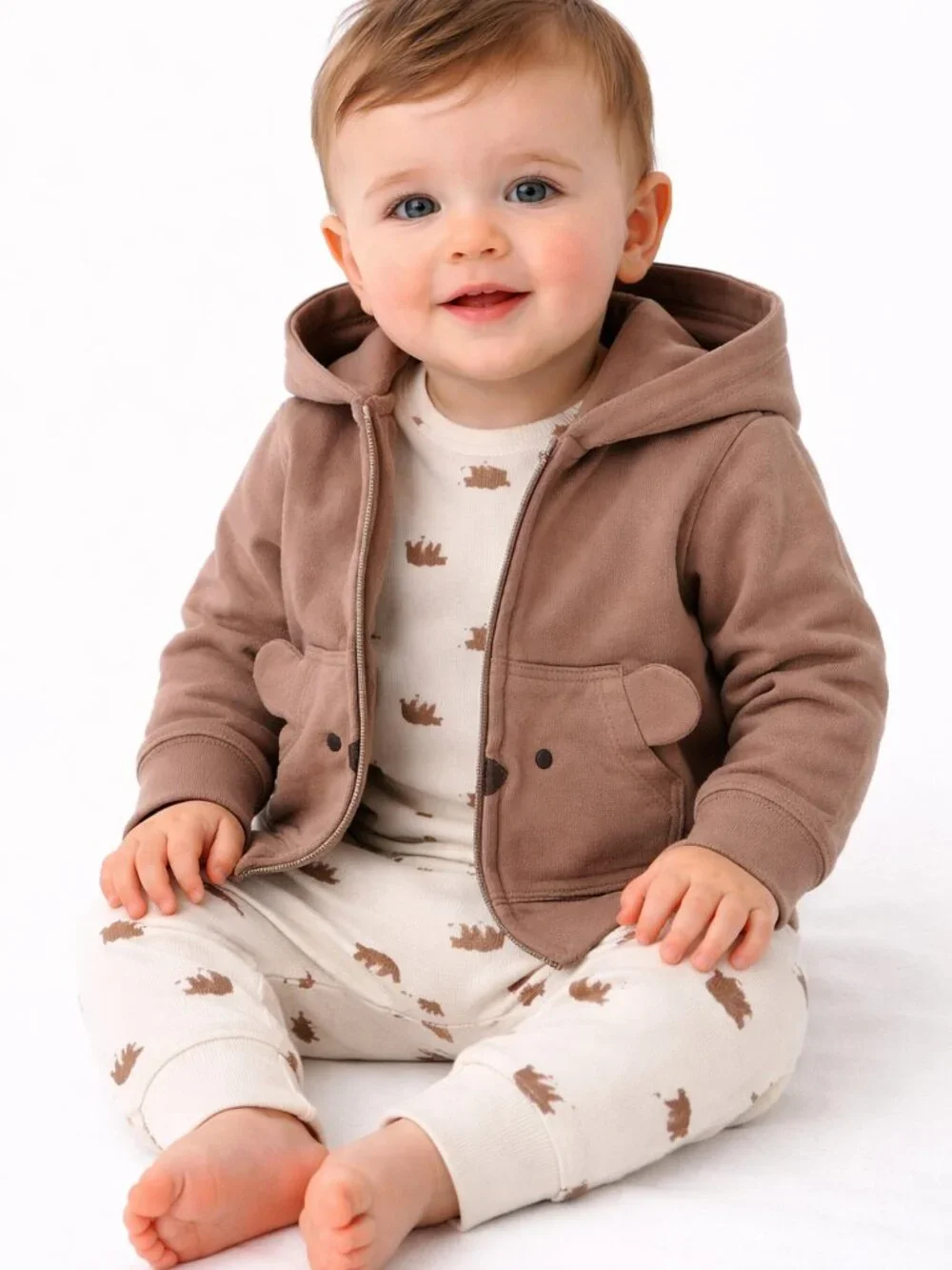 NWT Carter’s 12M Baby Boy 3-Piece Outfit Bear Hoodie Set Brown & Cream Cozy Set - Picture 2 of 4